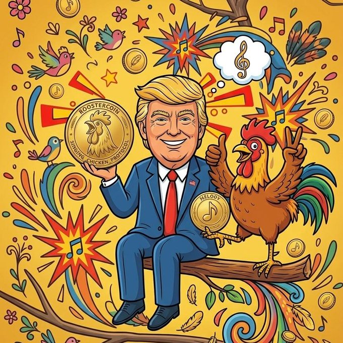 The image features a cartoon depiction of a man sitting on a branch, holding two gold coins while a rooster stands nearby. The background is filled with colorful designs and patterns, creating an artistic and whimsical atmosphere. The caption for the image reads "RoosterCoin: Singing Chicken Protocol! Presidential energy meets music fun. Check out the art in 13538.jpg & don'n miss the hype!".