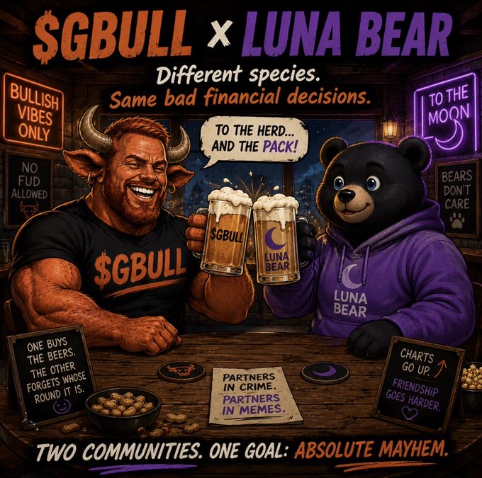A colorful illustration titled "$GBULL x LUNA BEAR - Different species. Same bad financial decisions." shows a horned bull character in a "$GBULL" shirt and a bear character in a "LUNA BEAR" hoodie clinking beer mugs at a bar, with slogans like "BULLISH VIBES ONLY", "TO THE MOON", and "ONE BUYS THE BEERS. THE OTHER FORGETS WHOSE ROUND IT IS."