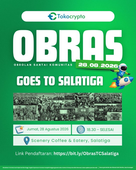 A green promotional flyer for Tokocrypto's 'OBRAS Goes To Salatiga' community gathering event scheduled for Friday, August 28, 2026, at 18.30 at Scenery Coffee & Eatery, featuring a registration link.