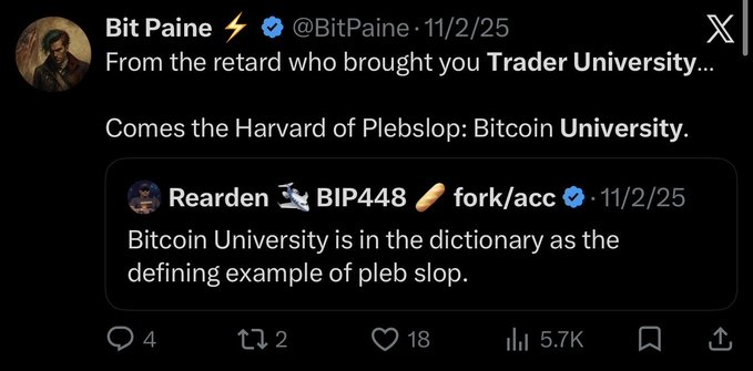 A social media post from Bit Paine (@BitPaine) mocking 'Bitcoin University' as 'plebslop,' quoting a post from Rearden that calls it the defining example of pleb slop.