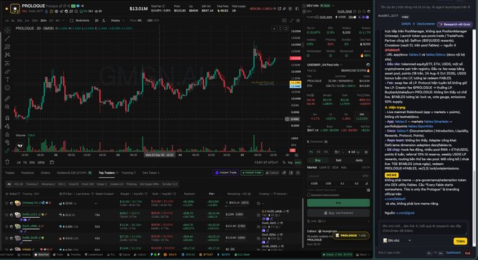 A screenshot of a cryptocurrency trading interface on Prologue showing GMX/USDC price charts with red and green candles, trade history, and a chat panel on the right side.