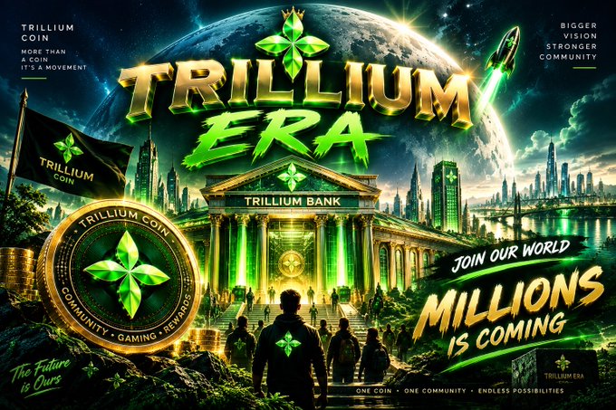 Promotional artwork for the Trillium Coin cryptocurrency, featuring the Trillium Bank building, glowing green accents, and slogans like "MORE THAN A COIN IT'S A MOVEMENT" and "JOIN OUR WORLD MILLIONS IS COMING."
