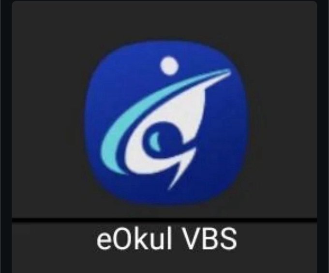 The image shows the eOkul VBS app icon, featuring a stylized blue "e" with a graduation cap motif on a dark background. The post humorously asks if anyone knows what this logo is, as the user has been trying to figure it out for days—the icon actually represents Turkey's e-Okul (Electronic School) system, an educational platform managed by the Ministry of National Education, though its abstract design can be visually puzzling at first glance.