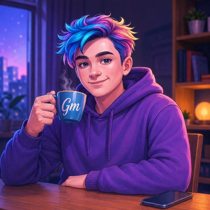 An illustrated digital art of a smiling young man with colorful blue, pink, and yellow hair wearing a purple hoodie and holding a mug labeled 'Gm'.
