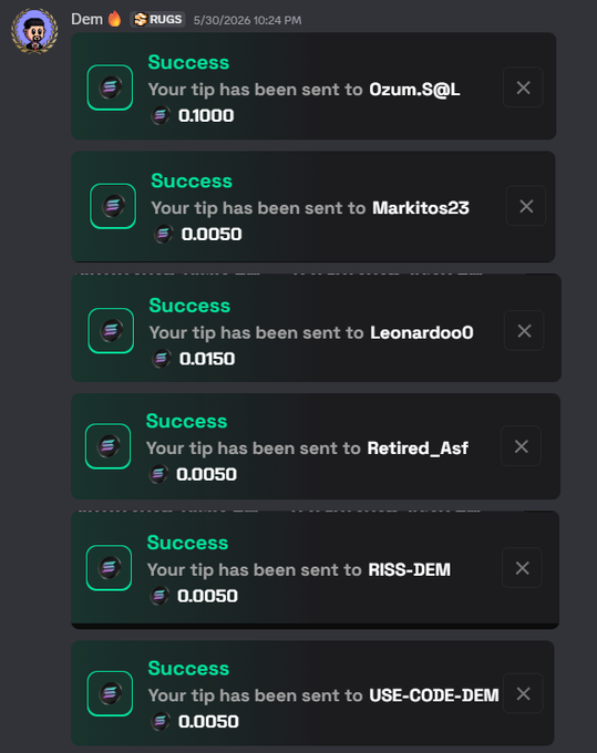 The image shows a screenshot of a chat window with six success messages displayed, each accompanied by a green checkmark symbol. The message "Success" is written in white text above the first checkmark, while the other five messages are also written in white text below their respective checkmarks. The post reads "GM chat I love Solana." and includes a link to the image of the success messages.