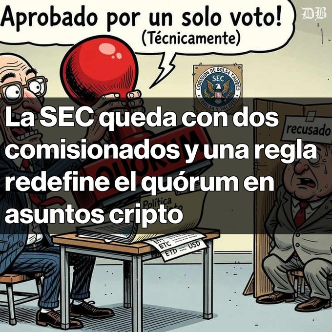 A cartoon illustration in Spanish about the SEC, featuring a character saying 'Approved by only one vote! (Technically),' with a headline reading 'The SEC is left with two commissioners and a rule redefines the quorum in crypto matters.'