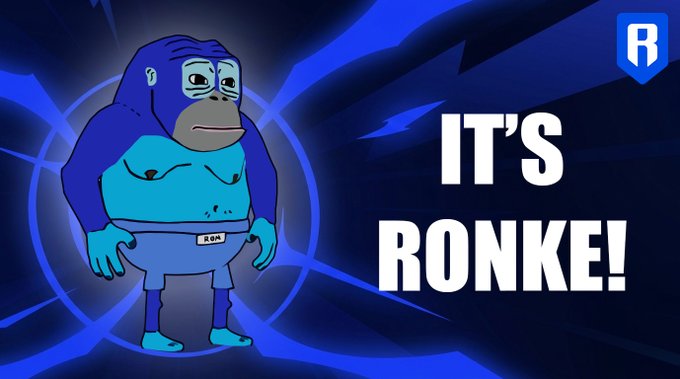 A cartoon image shows a blue gorilla-like character named Ronke wearing a shirt labeled "RON," paired with the bold text "IT'S RONKE!" against a dynamic blue background, matching the post's introduction of Ronke from @RonkeOnRon.