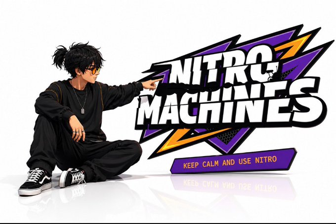 An anime-style character with messy black hair, glasses, and an all-black outfit points at the bold "NITRO MACHINES" logo, which features a tagline reading "KEEP CALM AND USE NITRO." The image aligns with the post's reflection on Nitro Machines' Web2-feeling yet Web3-powered racing experience, with the character's casual pose and the laid-back tagline mirroring the author's relaxed endorsement of the game.