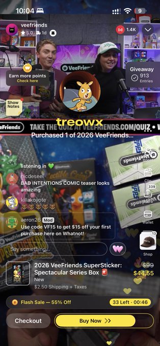 A livestream screenshot shows hosts discussing 'Bad Intentions Comic teaser' on VeeFriends, with chat interactions, a quiz code 'VF15', and a shopping cart featuring a '2026 VeeFriends Spectacular Series Box' for $44.55.