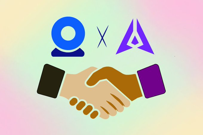 An illustration depicting a handshake between two different-colored arms, with logos for what appears to be a surveillance/camera service and a purple triangular 'A' logo above the handshake.
