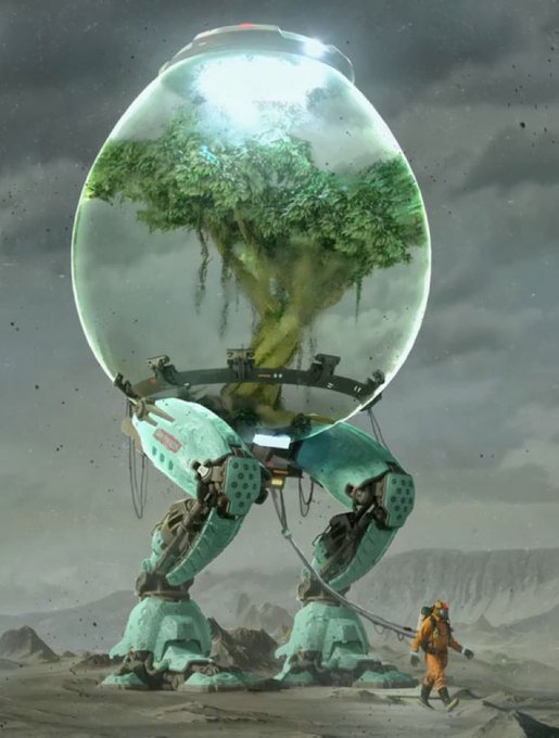 A sci-fi illustration showing a large green mech robot carrying a massive glass sphere containing a tree, standing in a barren landscape while an astronaut in an orange suit watches from below.