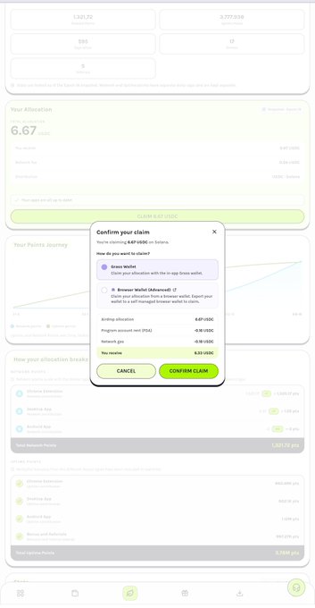 A screenshot of a crypto/staking dashboard showing an allocation of 6.67 and a 'Confirm your claim' popup for claiming rewards from a Green Wallet or Browser Wallet with a 9.24 USDSE reward.