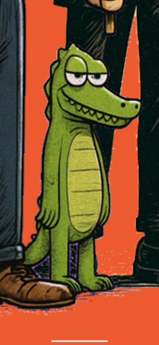A cartoonish green crocodile or dinosaur character standing next to a person's legs and a metal detector against a bright orange background.