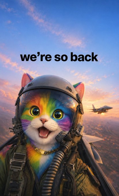 A colorful rainbow-colored cat wearing a pilot helmet and flight suit appears to be flying a jet, with the text 'we're so back' displayed above.