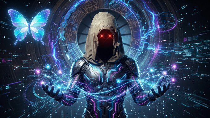 A digital artwork of a hooded cyborg figure with glowing red eyes in futuristic armor, holding glowing blue energy in their hands alongside a translucent blue butterfly and a circular digital interface.