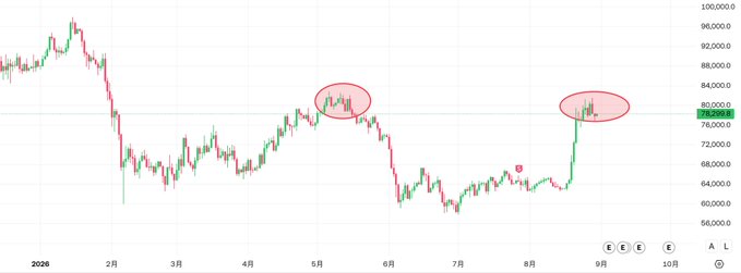 A candlestick chart showing price action from late 2025 through October 2026, with two red ellipses highlighting peaks around May and August; the current price displayed is 78,200.00 with axes labeled in Japanese months.