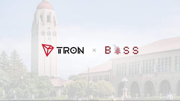 A promotional graphic showing a collaboration between Tron and Boss Coffee, set against a backdrop of a university campus building.