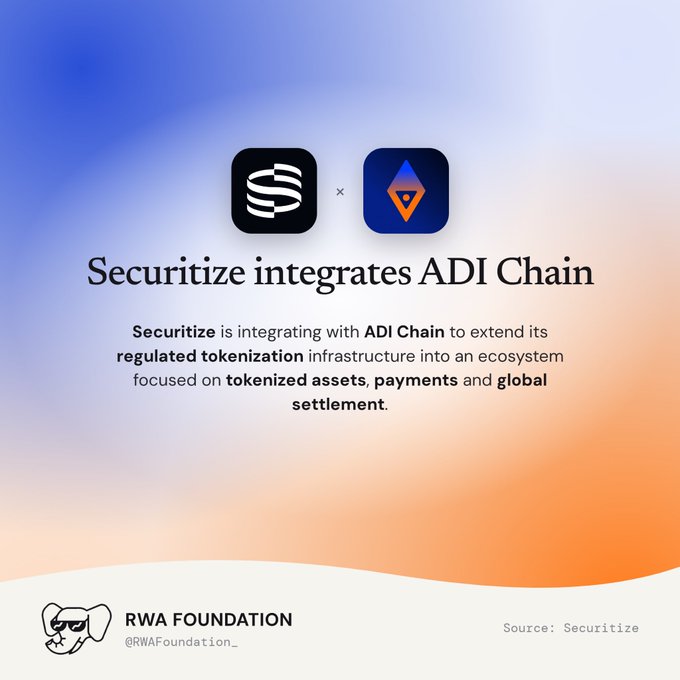 An announcement graphic from RWA Foundation stating "Securitize integrates ADI Chain" with description "Securitize is integrating with ADI Chain to extend its regulated tokenization infrastructure into an ecosystem focused on tokenized assets, payments and global settlement."
