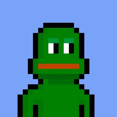 A pixel art illustration of a green frog-like character with a flat expression against a solid blue background.