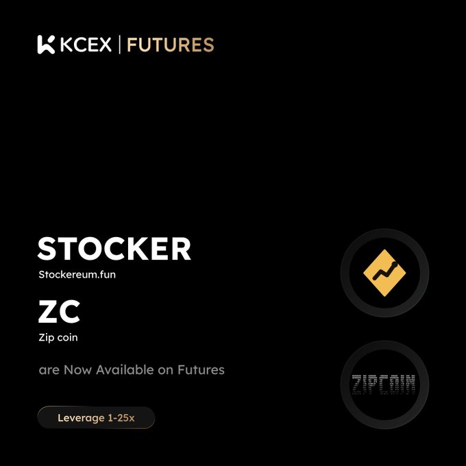 An advertisement for KCEX Futures announces that STOCKER (Stockereum.fun) and ZC (Zip coin) are now available with leverage of 1-25x.