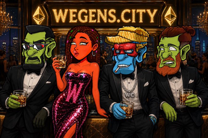 A cartoon illustration of four characters (a green-skinned Frankenstein-like figure, an orange-skinned woman in a pink dress, a blue-skinned figure in a hat, and a bearded green-skinned figure) holding whiskey glasses in a luxurious setting with 'WEGENS.CITY' displayed at the top, flanked by Ethereum logos.