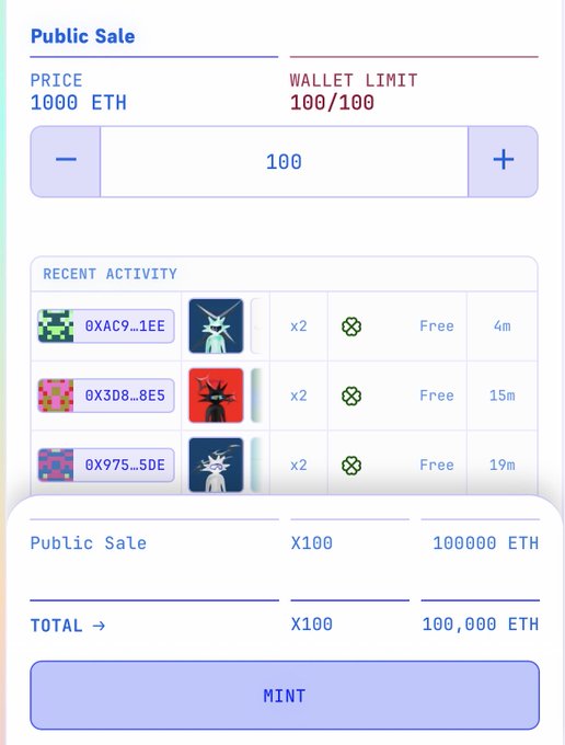 A digital NFT public sale interface displays a price of 1000 ETH with a wallet limit of 100/100, showing recent activity transactions and a mint button at the bottom.
