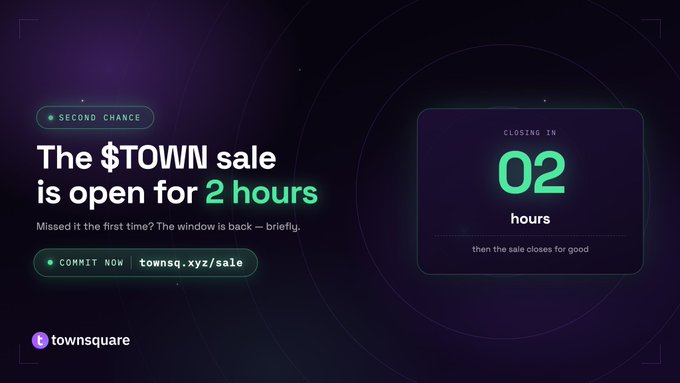 A promotional graphic for the $TOWN token sale on TownSquare announces a "Second Chance" window that closes in 2 hours, directing users to commit at townsq.xyz/sale. The post explains the sale was reopened due to KYC issues with Sonar via @echodotxyz, giving affected users a final opportunity to participate before it closes for good.