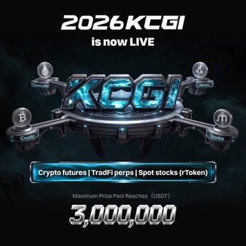 Promotional graphic for '2026 KCGI is now LIVE' trading competition featuring crypto futures, TradFi perps, and spot stocks (rToken) with a maximum prize pool of 3,000,000 USDT.