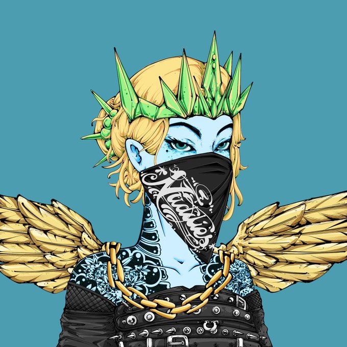 A stylized digital illustration of a blue-skinned character with golden wings, blonde hair, and a green spiked crown, wearing a black bandana mask and dark clothing adorned with gold chains and studs.