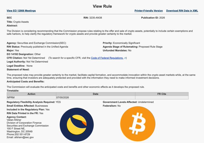 The image shows the SEC's "View Rule" page for RIN 3235-AN38, titled "Crypto Assets," which outlines a proposed rule to clarify the regulatory framework for crypto assets and provide greater market certainty, with an NPRM action scheduled for 07/00/2026 and logo graphics for Luna Classic ($LUNC) and Bitcoin ($BTC). This directly relates to the post by highlighting the SEC's 2026 regulatory agenda featuring crypto regulation, echoing the agenda's stated goal of clarifying crypto rules and providing market certainty.