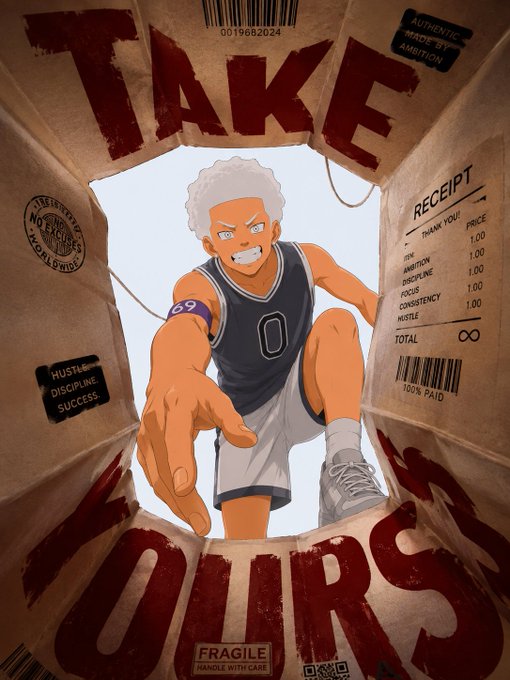 An illustration of a basketball player with white hair and the number '0' on his jersey looking out from inside a cardboard box, with 'TAKE' and 'OURS' painted in large red letters and a 'RECEIPT' listing traits like 'AMBITION' and 'DISCIPLINE'.