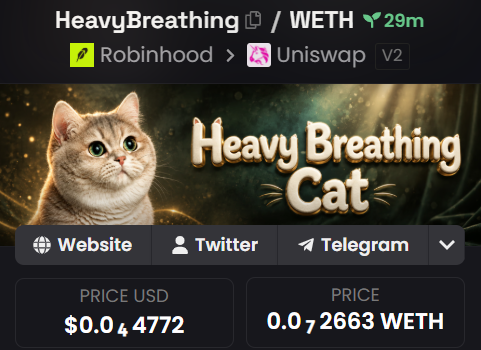 A screenshot of a cryptocurrency token page on Uniswap V2 shows 'Heavy Breathing Cat' featuring a golden cat image, with the token named 'HeavyBreathing' priced at $0.004772 or 0.072663 WETH.
