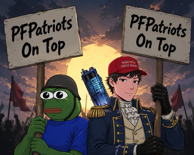 The image features two cartoon characters, one wearing a blue shirt and the other wearing a red hat, holding signs that say "PPF Patriots on Top" against a backdrop of a sunset or sunrise. The text on the signs reads "Crazy man still no answers from @MagicEden Do you not like frogs? Maybe we could discuss this over a nice dinner?". This suggests that the characters are promoting patriotism and possibly discussing their shared dislike for frogs, as they stand together with their signs in front of a sunset or sunrise.