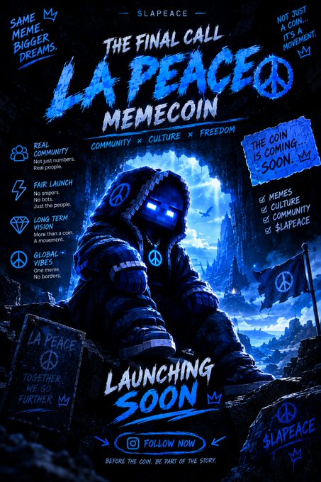 Promotional poster for 'LA PEACE MEMECOIN' by $LAPEACE, featuring a hooded character with glowing blue eyes, listing features like 'REAL COMMUNITY,' 'FAIR LAUNCH,' and 'LAUNCHING SOON.'