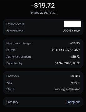 A transaction receipt from Ethena Pay showing a €16.80 merchant charge converted to -$19.72 USD at a rate of 1.00 EUR = 1.1738 USD, with 4.46% cashback of -$0.88 in pending settlement for a 14 Oct 2026 payment in the "Eating out" category. The receipt corresponds to the Ethena Pay side of the comparison, illustrating the $0.88 cashback and $19.72 charge that result in a net cost of $18.84 versus Plasma's $19.51.