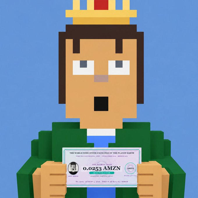 A digital illustration in a pixel art style of a character wearing a green shirt and a gold crown, holding a 'THE WORLD WIDE STONK EXCHANGE' certificate with the ticker 'AMZN'.
