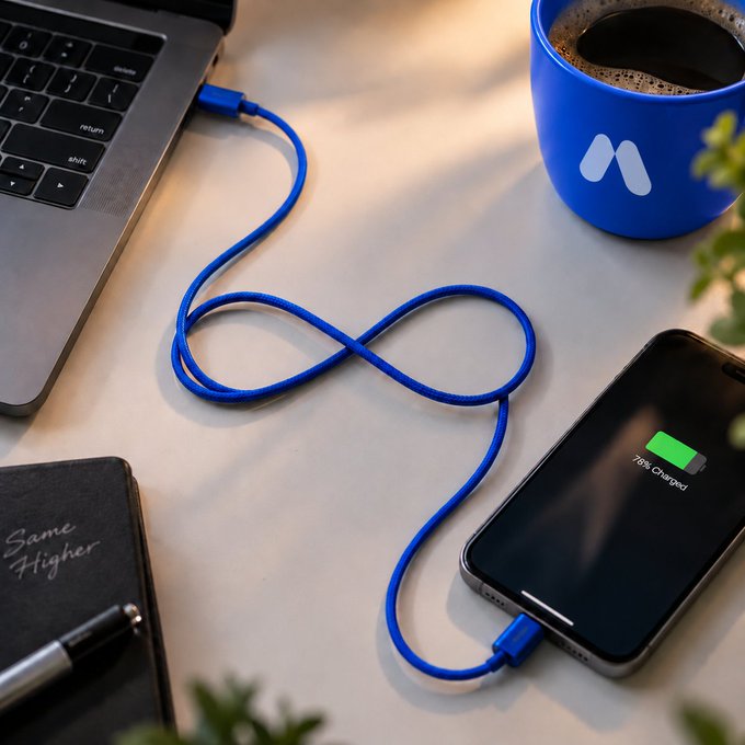 A blue braided charging cable connects a laptop to a smartphone displaying "76% Charged," with a matching blue branded mug and notebook nearby, perfectly embodying the "Always on" theme of staying powered and ready throughout the day.
