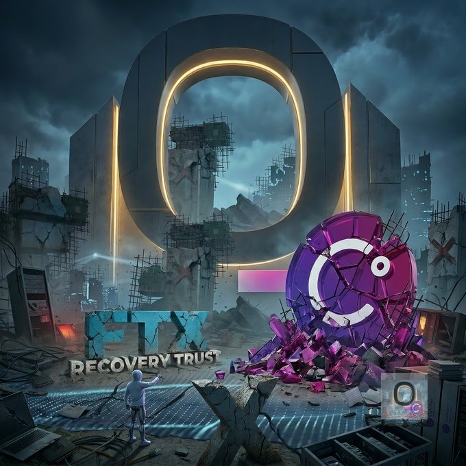 The image depicts a post-apocalyptic scene with a lone figure standing before the rubble of destroyed crypto empires, featuring a broken "FTX" logo and a shattered purple coin, with the text "RECOVERY TRUST" visible amid the ruins—a visual metaphor for the collapsed centralized crypto hubs (FTX, Celsius, Multichain) referenced in the post.