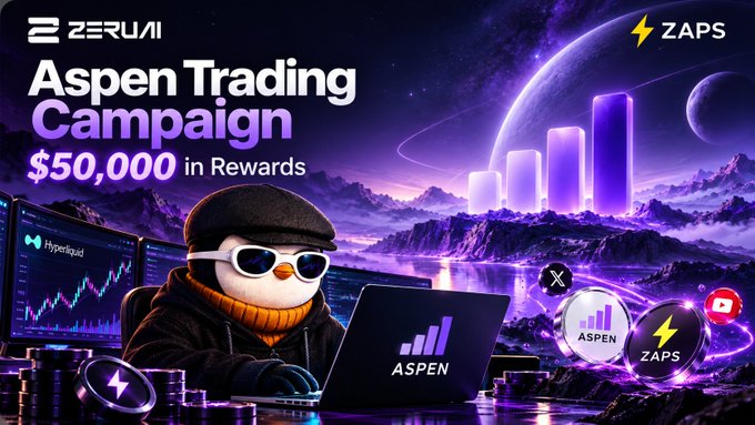 The image promotes the "Aspen Trading Campaign" on Zerui's Zaps platform, featuring $50,000 in rewards with a penguin mascot trading on a laptop and "ASPEN" and "ZAPS" branding, while trading charts and floating coins display the Hyperliquid and X integrations that connect to the campaign's focus on rewarding verified Hyperliquid trading activity.