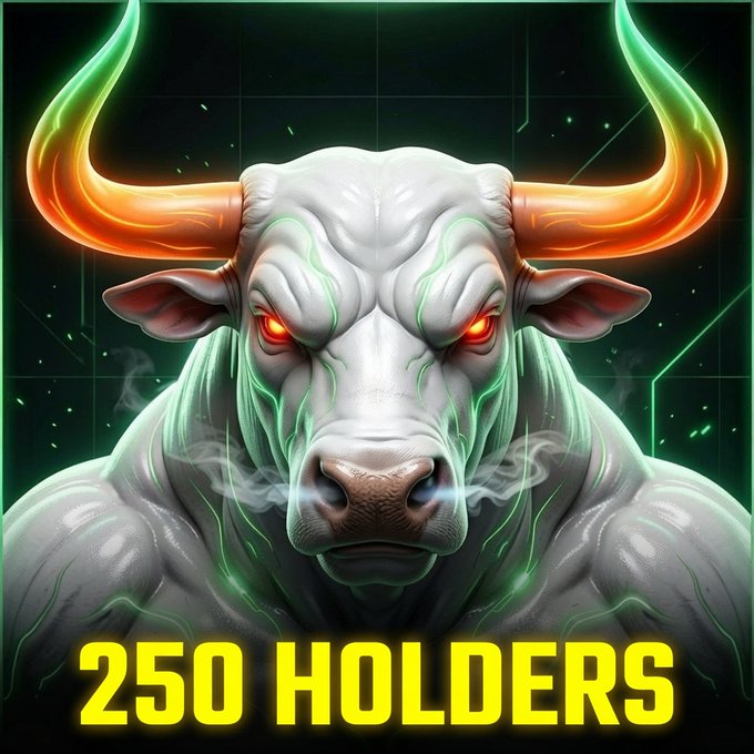 A menacing digital illustration of a white bull with glowing orange horns and red eyes, surrounded by green neon energy, with '250 HOLDERS' written in bold yellow text at the bottom.