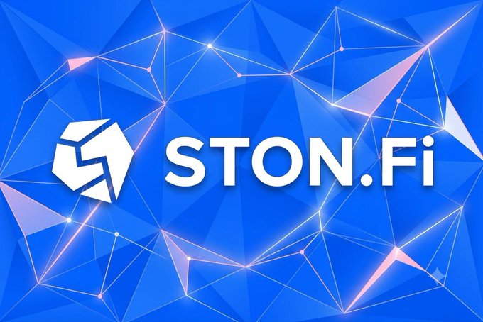 A logo graphic for 'STON.Fi' featuring a white geometric gem icon on a blue polygonal background with glowing network lines.