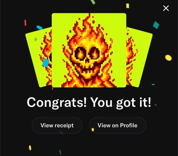 A pop-up notification on OpenSea displays "Congrats! You got it!" with pixel-art fiery skull cards and buttons to "View receipt" and "View on Profile," celebrating a successful mint from a collection, likely the "rob..." collection linked in the post.
