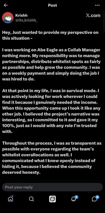 The image shows a tweet from user "Krish (@_its_krishh_)" defending his role as a "Collab Manager" for Abe Eagle, claiming he was simply doing his job distributing whitelist spots and was transparent about his involvement. This relates to the post's accusations about manipulative mint extraction tactics, as it appears to be a team member's defense amid the broader controversy over how the project allegedly pressured community managers to drive up mint activity and raise money quickly.