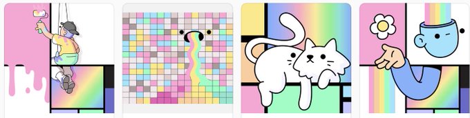The image features a series of four different illustrations or drawings arranged vertically against a gray background. The first illustration depicts a person climbing up a wall with a cat sitting below them. The second illustration shows a person holding a flower, while the third illustration portrays a cat lying on its back and looking at the camera. The fourth illustration is a colorful abstract design that includes a rainbow and various shapes. The post also mentions that the collection of illustrations is coming together to create a new piece or series.