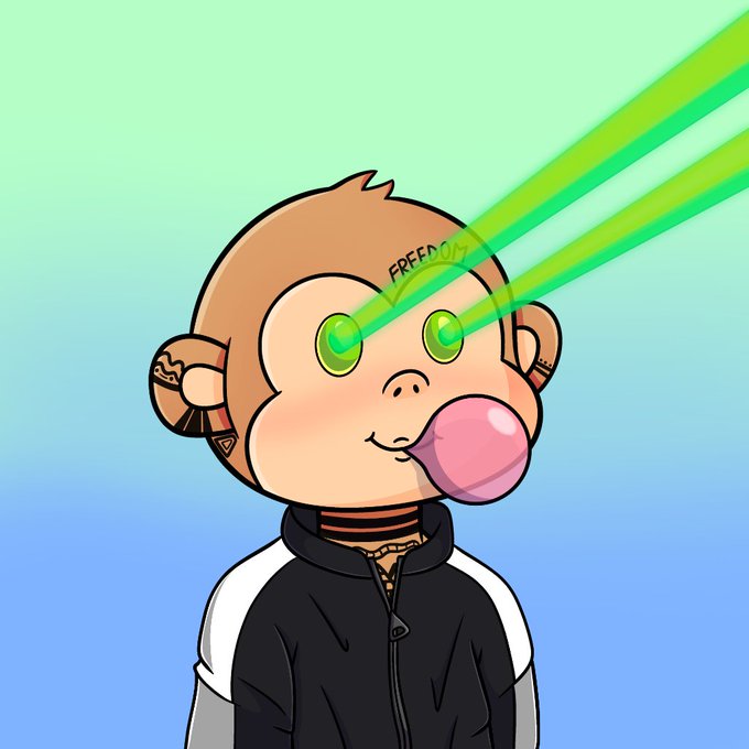 A cartoon monkey with laser eyes and bubblegum blowing a pink bubble wears a black and white jacket, with "FREEDOM" written on its forehead, capturing the playful "Weekend mode: ON" energy. The intense green laser beams and cheeky expression match the post's call to rest up and recharge for big things ahead.