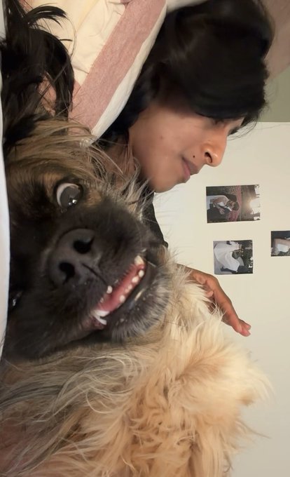 A selfie-style photo of a woman lying down next to a fluffy brown and black dog that is showing its teeth.