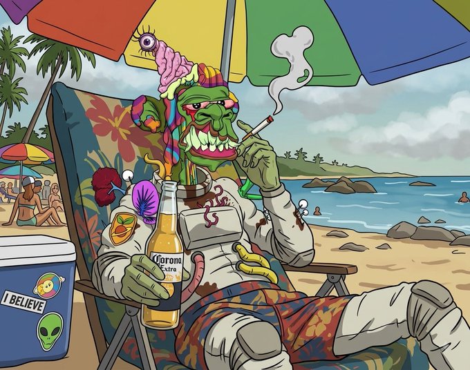 A grotesque, mutated green alien wearing a space suit lounges on a beach chair under a rainbow umbrella, smoking a cigarette and holding a Corona Extra beer—a fittingly absurd visualization for a Friday "GM" (Good Morning) crypto tweet. Beside him, a cooler displays "I BELIEVE" alongside alien head stickers, nodding to the optimistic, irreverent spirit of the crypto community's Friday ritual.