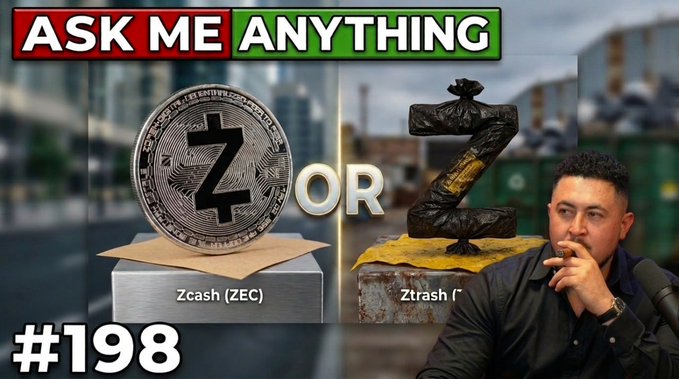 A YouTube thumbnail titled 'ASK ME ANYTHING #198' comparing 'Zcash (ZEC)' on the left to a garbage bag labeled 'Ztrash' on the right, with a man speaking into a microphone on the right side.