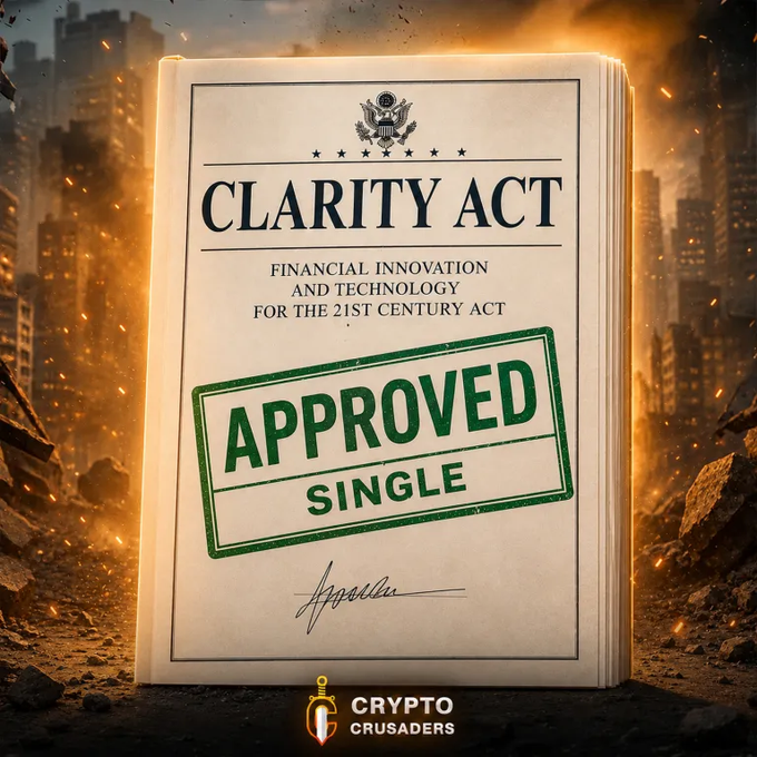 A stylized image shows a formal document titled "CLARITY ACT — Financial Innovation and Technology for the 21st Century Act" stamped with a bold green "APPROVED" mark, set against a dramatic burning cityscape background and branded with the "Crypto Crusaders" logo. The image visually reinforces the post's urgent call to pass the CLARITY Act, framing its approval as a pivotal, potentially decade-defining moment for crypto and XRP.