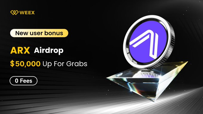 A promotional graphic for the WEEX exchange advertising a $50,000 ARX airdrop with 0 fees for new users, featuring the WEEX logo and a purple "ARX" coin displayed on a crystalline pedestal.